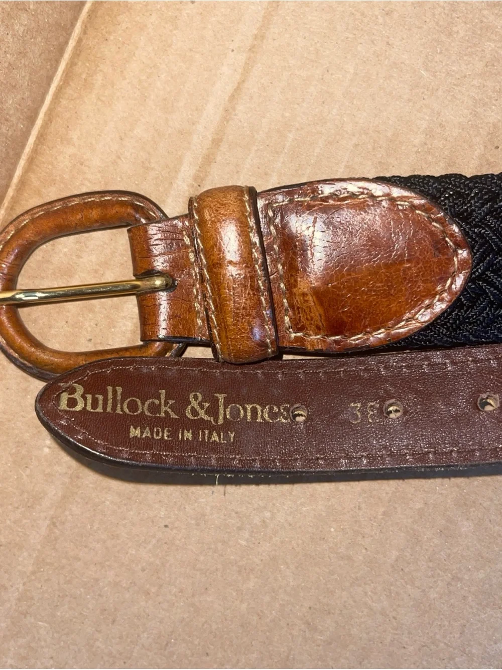 BULLOCK & JONES MENS Black Woven Belt with Brown Leather Trim SZ 38 GREAT!
